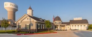 Suburban community center with American flags